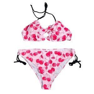 NWOT | Pink & Red Cherry Print 2-Piece Bikini | Halter Tie-Front | XXL
